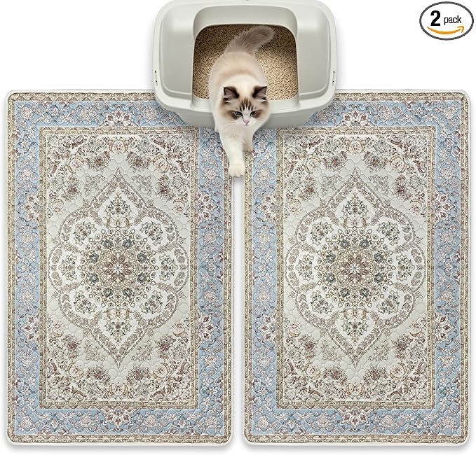 Cat Litter Mat 2 Pack, Reusable Large 36"x48" Kitty Litter Trapping Mat, Machine Washable Litter Mats for Cats, Waterproof & Non-Slip Compatible with Cat Box(Grey Medallion)