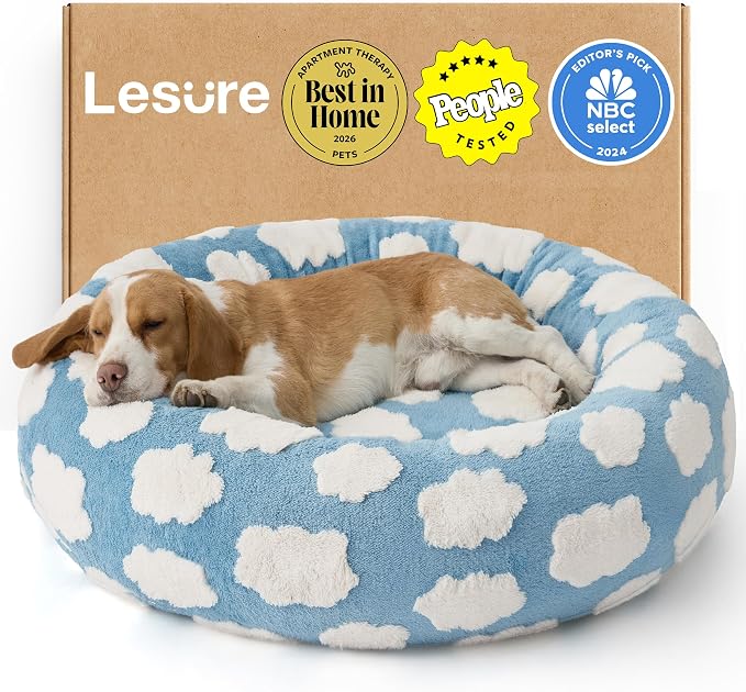Lesure Shown on TV Donut Dog Beds Large Sized Dog - Round Pet Beds for Calming Puppy with Washable Cover, Orthopedic Modern Home Decor Beds with Jacquard Shaggy Plush & Anti Slip Bottom, 33 Inch，Blue