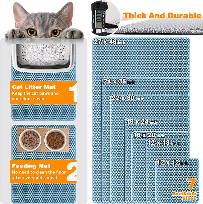 Cat Litter Mat 24"x35",Double Layer EVA litterbox Mat, Blue | Waterproof honeycomb large grid, urine-proof and odor-free. Traps litter, easy cleanup,Washable, non-slip backing