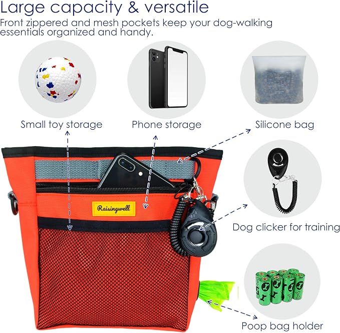 Raisingwell Dog Treat Pouch with Magnetic Closure 4-Cup Silicone Bag Fanny Pack Holder with Clicker 4 Ways to Wear Front Pocket Fits All Phones Ideal for Leash, Pet Walking and Training（Orange）