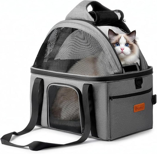 BurgeonNest Top-Expandable Large Cat Carrier, Soft-Sided Cat Bag Carrier for Medium & Large Cats Up to 15 lbs, Upgraded Small Dog Car Seat, Pet Travel Bag with Full-Open Canopy