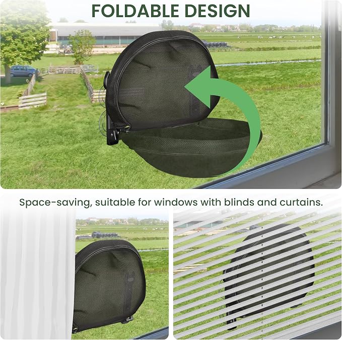 HiPetpy Cat Window Perch, Foldable Cat Hammock with Sunken Design, Breathable Cordless Window Bed with Stud Metal Frame for Large Cats and Kitten (Black Deep Perch, 1 Pack - M)