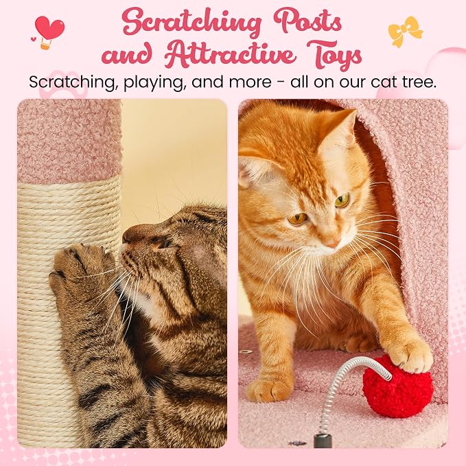 MWPO Cute Cat Tree, 70.1-Inch Tall Pink Cat Tower for Indoor Cats Large Adult, Multi-Level Cat Condo with 5 Scratching Posts, 2 Padded Perches, Hammock, Dangling Toys