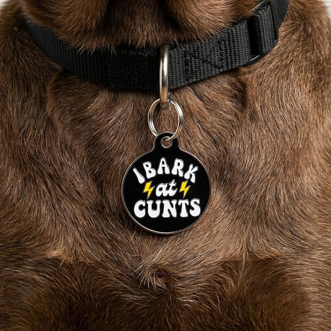 Bad Tags Personalized Dog and Cat ID Tags in 25+ Designs and 2 Sizes - 5 Lines of Custom Engraved Text - Funny Cute Personalized Pet Tags (I Bark At C*NTS - Black, Large (1.25 inch))