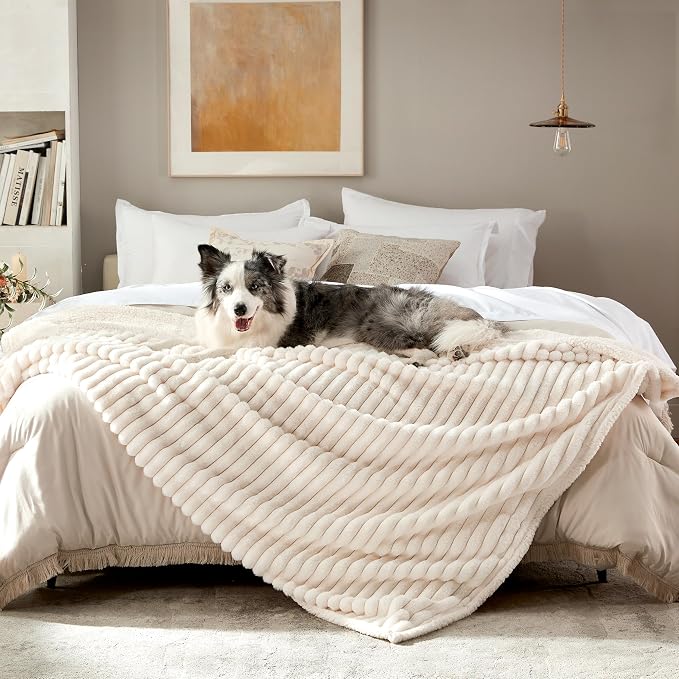 Waterproof Dog Blanket for Extra Large Dogs, Soft Corduroy Fleece Pet Blanket Washable, Dual-Sided Cat Blankets for Furniture Protection, Reversible Cozy Calming Couch Blanket, 60"x80", Cream