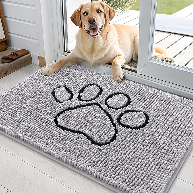 OLANLY Dog Door Mat for Muddy Paws 36x24, Paw Print Design Chenille Mud Mat | Light Grey, Absorbent, Traps Moisture and Dirt, Non-Slip Washable Doormat, Quick-Drying Indoor Entryway Floor Carpet for Dogs