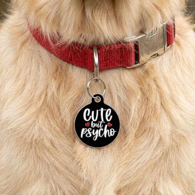 Bad Tags Personalized Dog and Cat ID Tags in 25+ Designs and 2 Sizes - 5 Lines of Custom Engraved Text - Funny Cute Personalized Pet Tags (Cute But Psycho - Black, Large (1.25 inch))