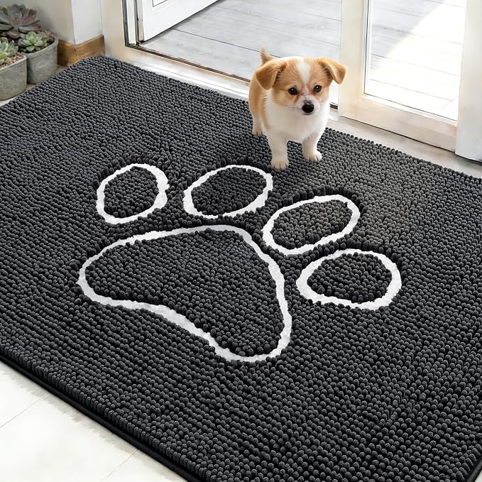 OLANLY Dog Door Mat for Muddy Paws 48x30, Paw Print Design Chenille Mud Mat | Dark Grey, Absorbent, Traps Moisture and Dirt, Non-Slip Washable Doormat, Quick-Drying Indoor Entryway Floor Carpet for Dogs