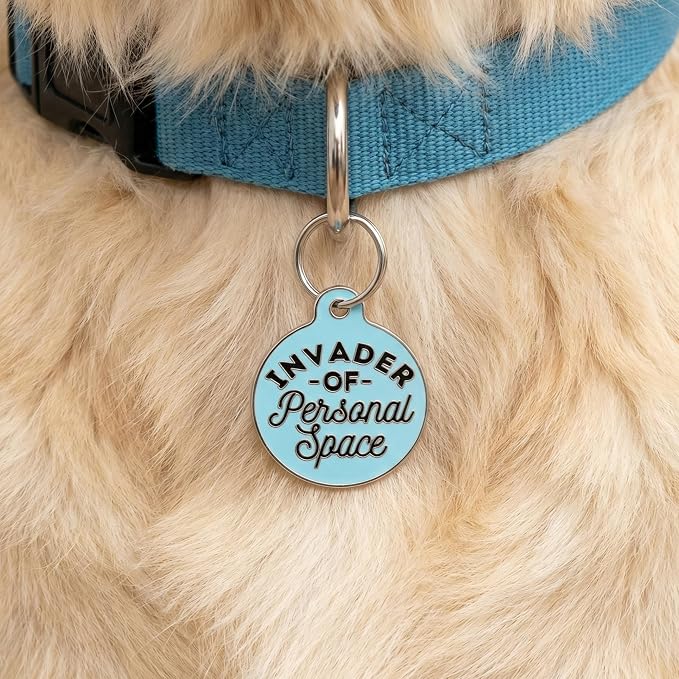 Bad Tags Personalized Dog and Cat ID Tags in 25+ Designs and 2 Sizes - 5 Lines of Custom Engraved Text - Funny Cute Personalized Pet Tags (Invader of Personal Space - Blue, Small (1 inch))