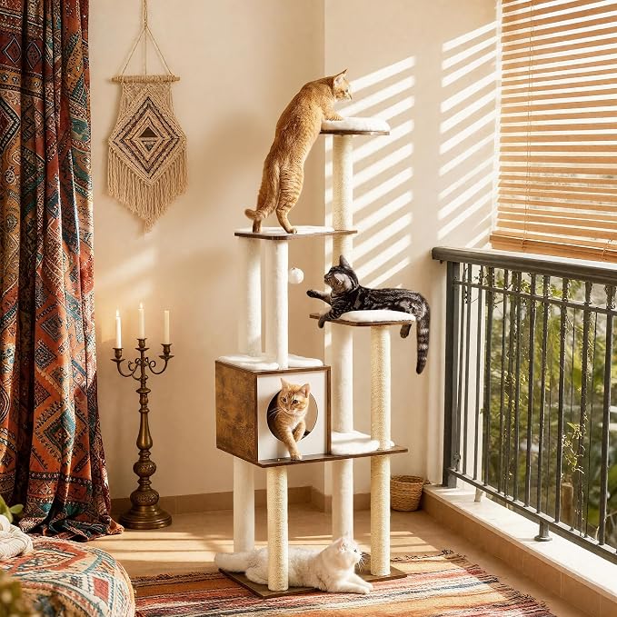 Feandrea Cat Tree, 64.6-Inch Modern Cat Tower, Multi-Level Condo with 5 Scratching Posts, Perch, Washable Removable Cushions, Cave, Rustic Brown UPCT166X01 | Modern Cat Condo for Indoor Cats, Perch, Washable Removable Cushions, Rustic Brown, CAEN Colle...