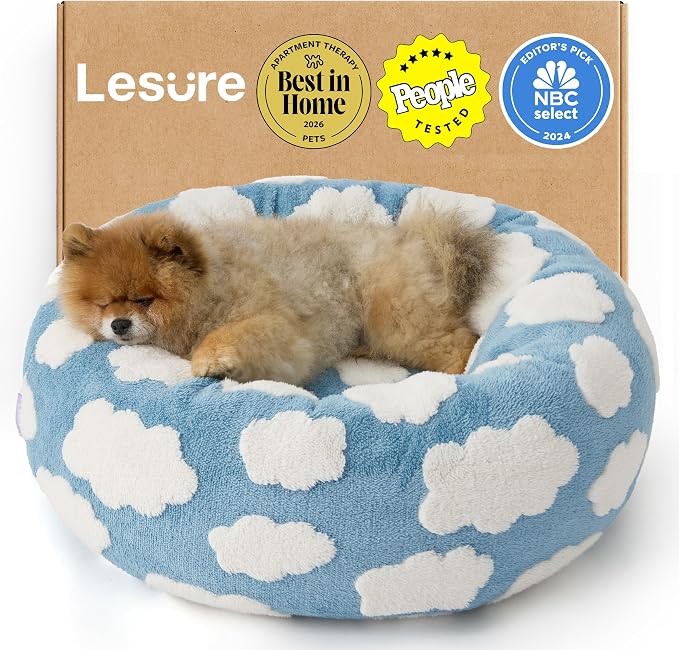 LE SURE Shown on TV Donut Dog Beds for Small Dogs - Calming Cat Sofa as Bed Gift for Indoor Cats with Washable Cover, Round Home Decor Cute Pet Beds with Jacquard Shaggy Plush, 23 Inch, Blue