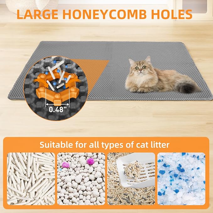 Cat Litter Mat 30"x21" Urine-Proof Small Litter Mat Litter Box Mat | Double Layer Honeycomb Cat Mat Soft EVA litter matt Fits Litter Boxes, kitty Litter mat Trapping Mat, Easy-Open Edge Grey