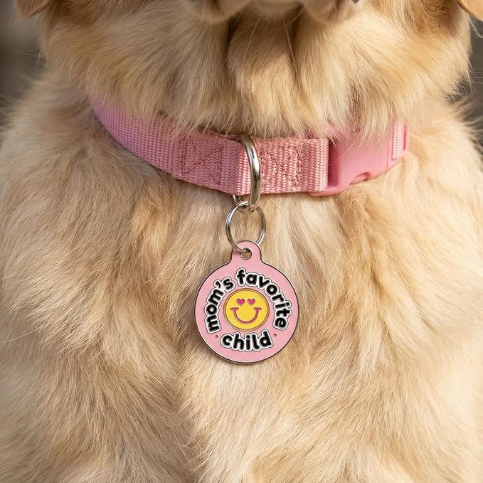 Bad Tags Personalized Dog and Cat ID Tags in 25+ Designs and 2 Sizes - 5 Lines of Custom Engraved Text - Funny Cute Personalized Pet Tags (Mom's Favorite Child - Pink, Small (1 inch))