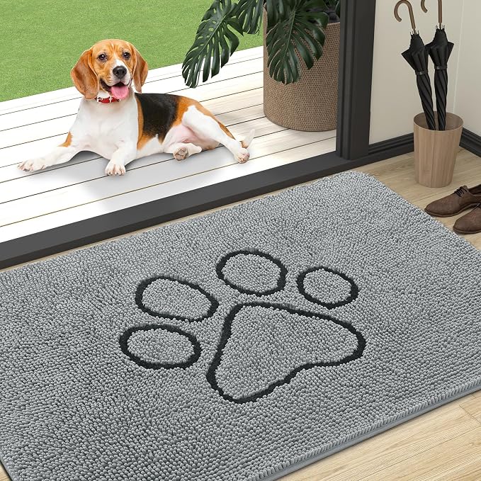 OLANLY Dog Door Mat for Muddy Paws 47x32, Paw Print Design Chenille Mud Mat | Grey, Super Absorbent, Traps Moisture and Dirt, Non-Slip Washable Doormat, Quick-Drying Indoor Entryway Floor Carpet for Dogs
