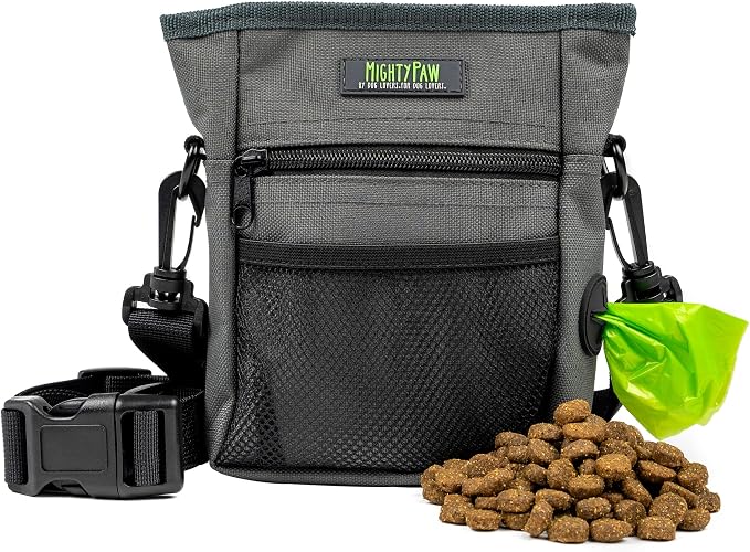Mighty Paw Dog Treat Pouch, Magnetic No-Spill Clasp, Training Bag | Hands-Free, Belt Sling, Crossbody, Adjustable 30-52in Strap, 4 Compartments, 2 Cups Capacity, Poop Holder