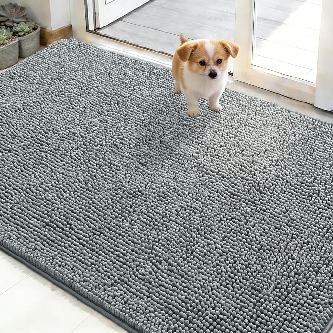 OLANLY Dog Door Mat for Muddy Paws 48x30, Super Absorbent Chenille Mud Mat | Grey, Absorbs Moisture and Dirt, Non-Slip Machine Washable Doormat, Quick-Drying Indoor Entryway Floor Carpet for Dogs