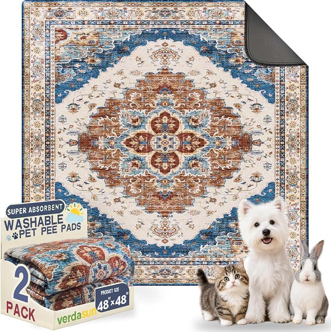 Washable Pee Pads for Dogs, Reusable Puppy Potty Training Pads, Ultra-Absorbent Thick Waterproof Leak-Proof Non-Slip Pads & Mat for Crate, Playpen, Floor, Whelping & Housebreaking , 2 Pack 48"x48"