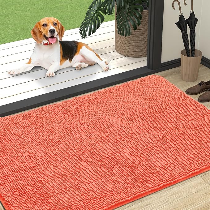 OLANLY Dog Door Mat for Muddy Paws 47x32, Super Absorbent Chenille Mud Mat | Coral, Absorbs Moisture and Dirt, Non-Slip Machine Washable Doormat, Quick-Drying Indoor Entryway Floor Carpet for Dogs