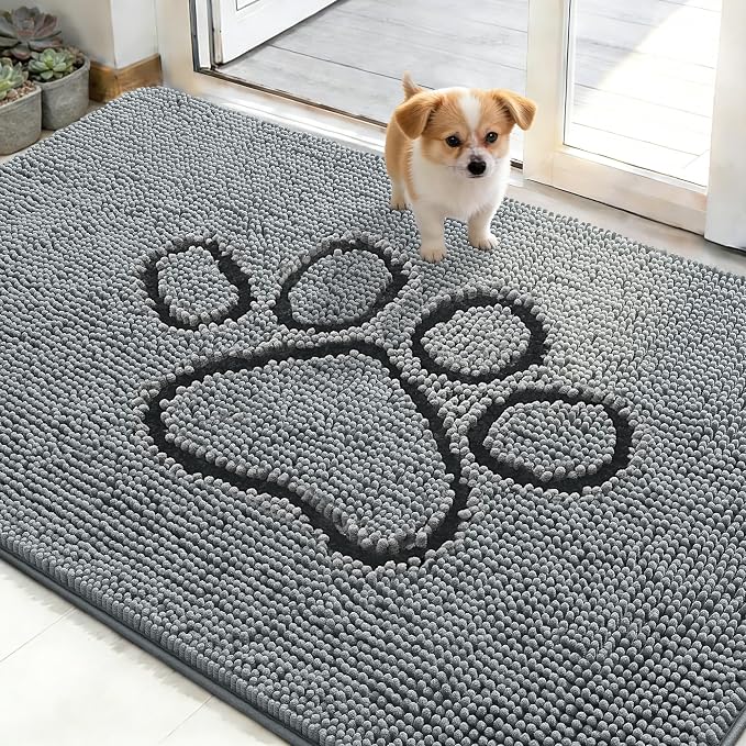 OLANLY Dog Door Mat for Muddy Paws 48x30, Paw Print Design Chenille Mud Mat | Grey, Super Absorbent, Traps Moisture and Dirt, Non-Slip Washable Doormat, Quick-Drying Indoor Entryway Floor Carpet for Dogs