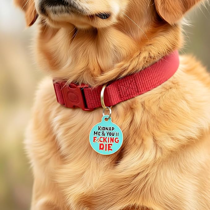 Bad Tags Personalized Dog and Cat ID Tags in 25+ Designs and 2 Sizes - 5 Lines of Custom Engraved Text - Funny Cute Personalized Pet Tags (Kidnap Me & You'll F*cking Die, Large (1.25 inch))