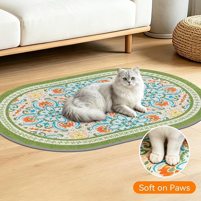 Cat Litter Mat, 33"x22" High Density PVC Litter Trapping Mat, Non-Slip, Waterproof & Urine-Proof Litters Catcher Mats, Keep Floor Clean, Soft on Kitten Paws, Cat Essentials Bean Green