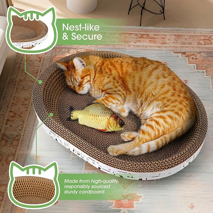 All-in-One Cardboard Cat Scratchers for Indoor Cats, Oval Cat Scratch Box & Lounger Beds Kitten Loves, Durable Cat Scratching Pads + Bonus Toys Couch Cat Scratch Protector