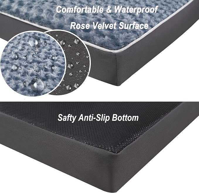 Orthopedic Rose Plush Cover Dog Bed,Large XXL Sized Dog 47''X29''x4'' Soft Waterproof Egg Foam Pet Crate Beds Mat or Kennel Pads with Removable Washable Cover,Non-Slip Bottom,Grey
