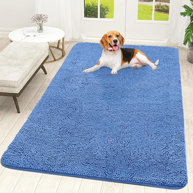 OLANLY Dog Door Mat for Muddy Paws 59x35, Super Absorbent Chenille Mud Mat | Cornflower Blue, Absorbs Moisture and Dirt, Non-Slip Machine Washable Doormat, Quick-Drying Indoor Entryway Carpet for Dogs