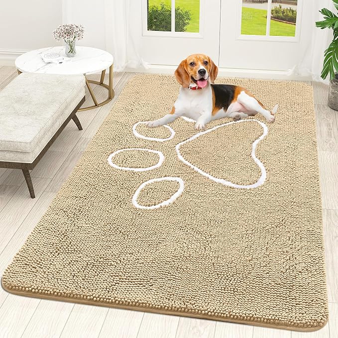OLANLY Dog Door Mat for Muddy Paws 70x46, Paw Print Design Chenille Mud Mat | Beige, Absorbent, Traps Moisture and Dirt, Non-Slip Washable Doormat, Quick-Drying Indoor Entryway Floor Carpet for Dogs