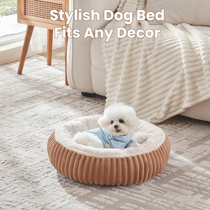 23 inches Donut Dog Bed for Small Dogs - Calming Round Puppy Bed with Removable Cover, Washable Milk Plush Faux Fur Pet Bed for Cats, Fits Pets up to 15 lbs(Mocha,Small)