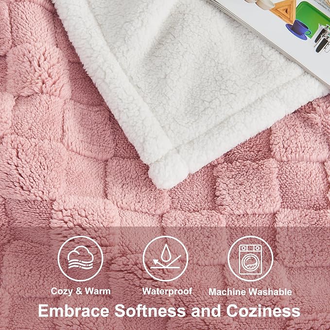 Checkered Waterproof Blanket for Bed Couch Sofa Car, Fluffy Soft Dog Blanket with 3D Jacquard Grid Pattern, Reversible Leakproof Pet Blankets for Dogs Cats Puppies, Dusty Pink, 60"x80"