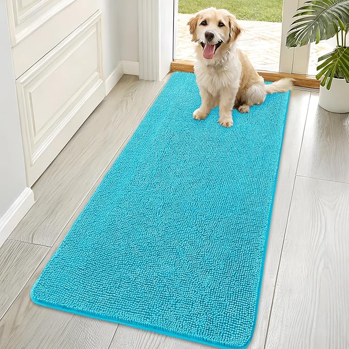 OLANLY Dog Door Mat for Muddy Paws 70x35, Super Absorbent Chenille Mud Mat | Aqua Blue, Absorbs Moisture and Dirt, Non-Slip Machine Washable Doormat, Quick-Drying Indoor Entryway Floor Carpet for Dogs