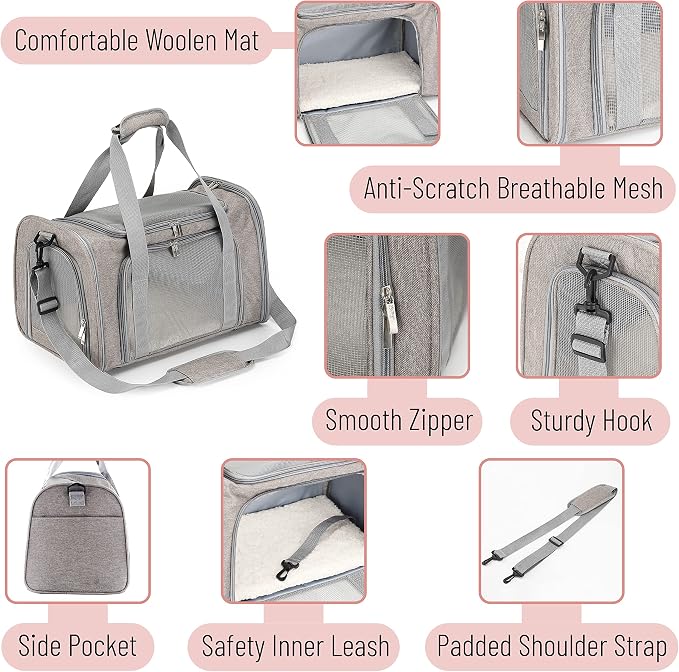 Mr. Pen- Pet Carrier, 17.5" x 11.2" x 11.5", Medium Size, Gray | Portable Travel Carrier for Small Pets, Cats & Small Dogs, Breathable Mesh, Safety Inner Leash