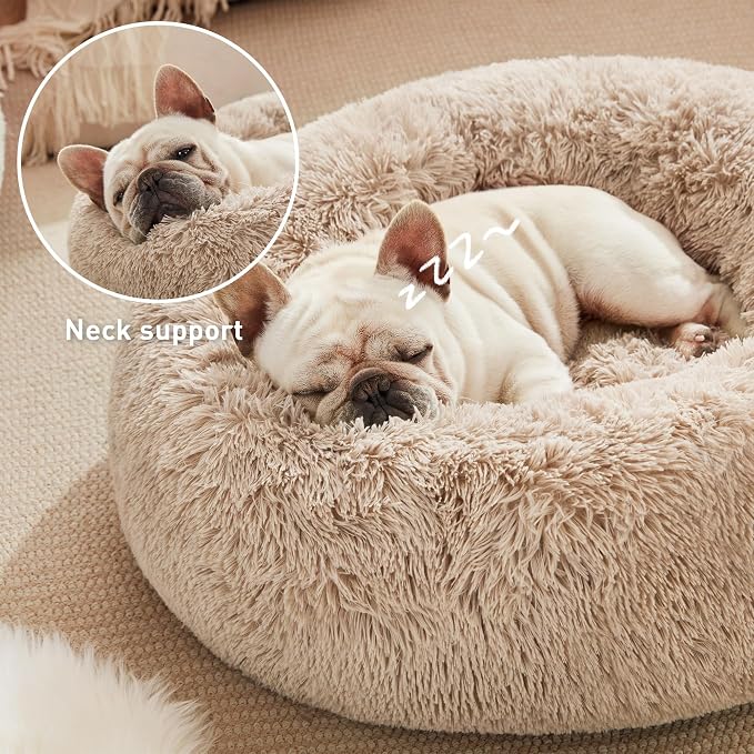 Love's cabin Calming Cat Bed for Indoor Cats, Anti-Anxiety Donut Round Dog Bed,Fluffy Faux Fur Washable Pet Bed for Small Medium Dogs and Cats, Taupe, 24in