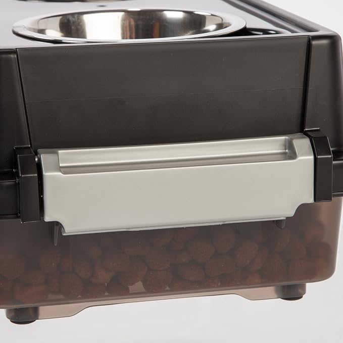 IRIS USA Elevated Dog Bowls with Storage, 6" H Raised Feeding Station, Dog Bowl Stand with Airtight Food Storage Holds 5 lbs, 4 Removable 16 oz Stainless Steel Food and Water Bowls, Smoke/Black