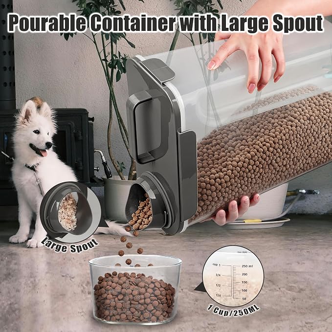 TIOVERY Dog Food Storage Container, 10 Lbs Airtight Pet Food Containers, Cat Food Container Dispenser Bin with Pouring Spout, Portable Handle & Measuring Cup for Dog Treats, Cat Kibble, Bird Feed Grey