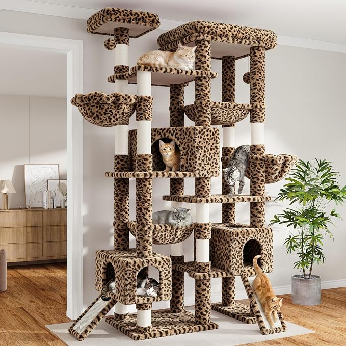 Sha Cerlin 87 in Multi-Level Tall Cat Tree Tower for Large Cats/Extra Wide Feline Activity Center/Sisal Scratching Posts/Wide Base/Cozy Plush Perches/Baskets/Hammocks/Toy Balls/Leopard Print