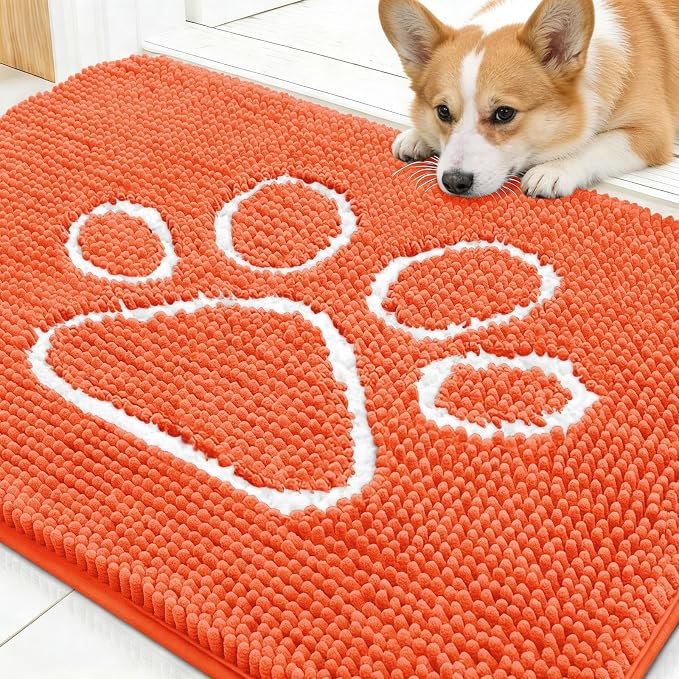 OLANLY Dog Door Mat for Muddy Paws 30x20, Paw Print Design Chenille Mud Mat | Coral, Absorbent, Traps Moisture and Dirt, Non-Slip Washable Doormat, Quick-Drying Indoor Entryway Floor Carpet for Dogs