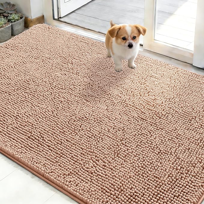OLANLY Dog Door Mat for Muddy Paws 48x30, Super Absorbent Chenille Mud Mat | Peach, Absorbs Moisture and Dirt, Non-Slip Machine Washable Doormat, Quick-Drying Indoor Entryway Floor Carpet for Dogs