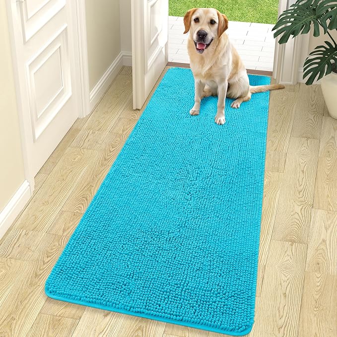 OLANLY Dog Door Mat for Muddy Paws 70x24, Super Absorbent Chenille Mud Mat | Aqua Blue, Absorbs Moisture and Dirt, Non-Slip Machine Washable Doormat, Quick-Drying Indoor Entryway Floor Carpet for Dogs
