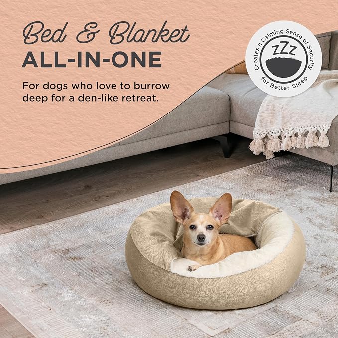 Best Friends by Sheri Cozy Cuddler Ilan Covered Cat and Dog Bed with Attached Blanket, Wheat, 24"x24"