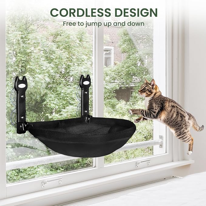 HiPetpy Cat Window Perch, Foldable Cat Hammock with Sunken Design, Breathable Cordless Window Bed with Stud Metal Frame for Large Cats and Kitten (Black Deep Perch, 1 Pack - M)