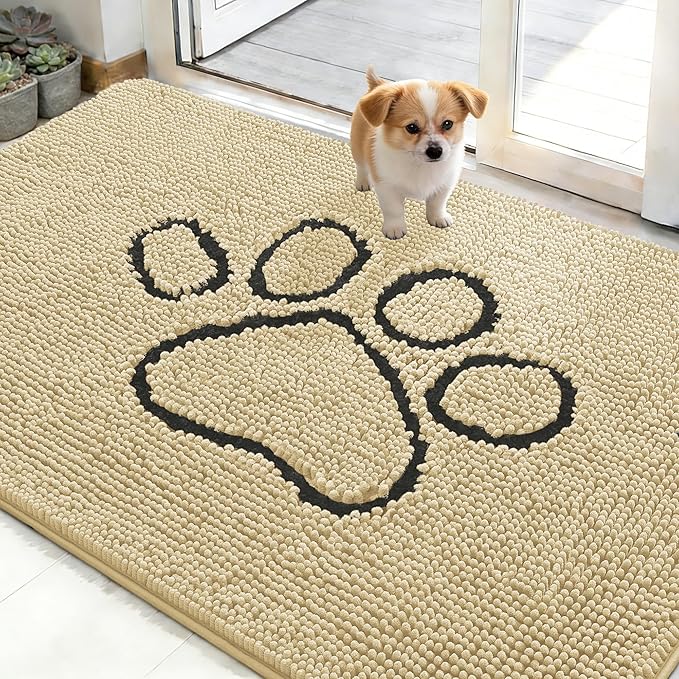 OLANLY Dog Door Mat for Muddy Paws 48x30, Paw Print Design Chenille Mud Mat | Sand, Super Absorbent, Traps Moisture and Dirt, Non-Slip Washable Doormat, Quick-Drying Indoor Entryway Floor Carpet for Dogs