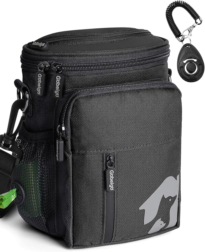8 Cup Dog Treat Pouch with Training Clicker(Full Black) | 3 Ways to Wear/ Built-in Poop Bag Dispenser/ Zipper Front Pocket Phone Friendly Treat Bag for Pet Training & Walking