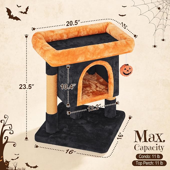 Yaheetech Halloween Cat Tree, Black/Pumpkin Orange Small Cat Tower | Fits small rooms, gothic cute cat bed, wide perch for lounge and scratch, assembles fast with included tools, halloween decor