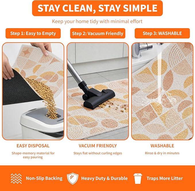 Cat Litter Mat 33" x 22" for Litter Box, Non-Slip Washable Floor Mat with Litter Trapping Design, Scatter Control for Cats and Kittens, Orange