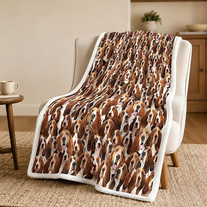 BlessLiving Bassett Hound Brown Throw Blanket with Dense Dog Patterns Sherpa Fleece Blanket Couch Bed, Soft Cozy Warm Pet Blankets for Puppy Lovers Cute Animal Print Gift 50x60 Inches