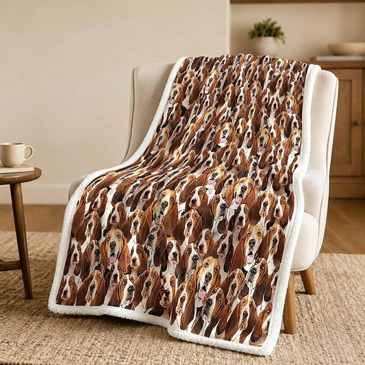BlessLiving Bassett Hound Brown Throw Blanket with Dense Dog Patterns Sherpa Fleece Blanket Couch Bed, Soft Cozy Warm Pet Blankets for Puppy Lovers Cute Animal Print Gift 50x60 Inches