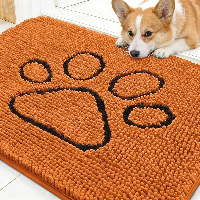 OLANLY Dog Door Mat for Muddy Paws 30x20, Paw Print Design Chenille Mud Mat | Clay, Super Absorbent, Traps Moisture and Dirt, Non-Slip Washable Doormat, Quick-Drying Indoor Entryway Floor Carpet for Dogs