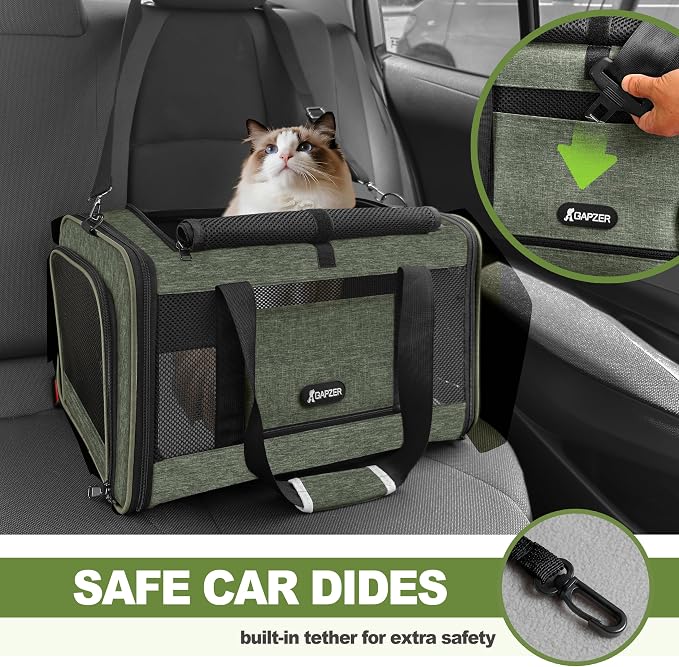 GAPZER Medium Cat Carrier Bag Lightweight, Soft-Sided Small Pet Carry Crate Teacup Breed Dogs, Top Loader Yorkie Kennel Sturdy Durable Mesh up to 15 lbs for Indoor House Dark Green